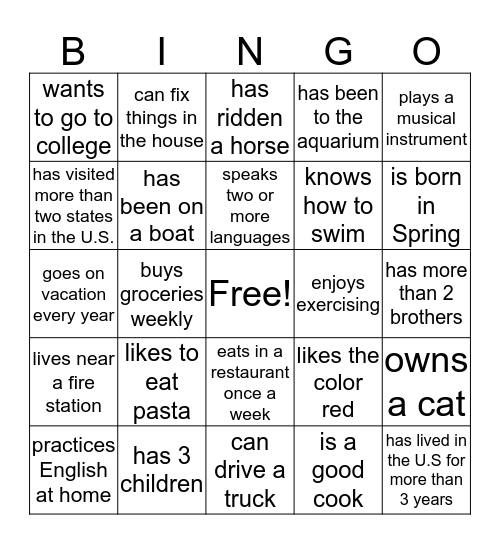 KNOWING YOUR CLASSMATES Bingo Card