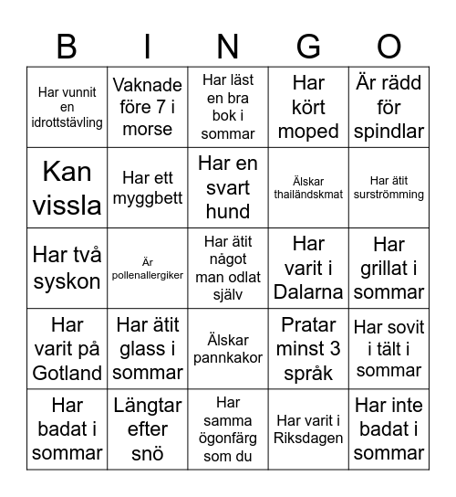 Mingelbingo åk 9 :-) Bingo Card