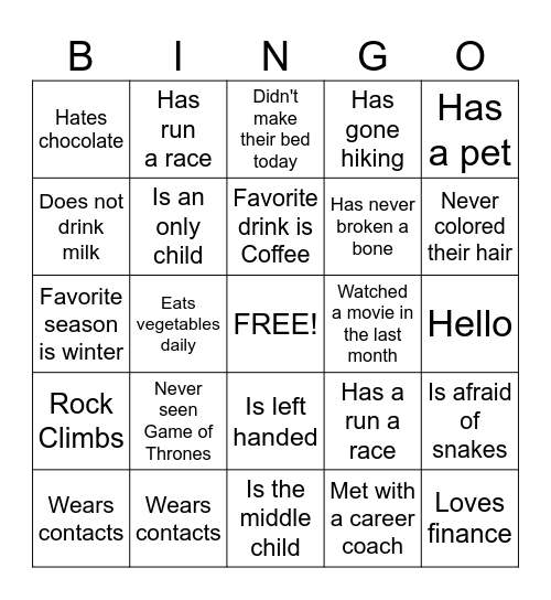 Get to Know You Bingo Card