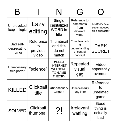 Game Theory Bingo Card