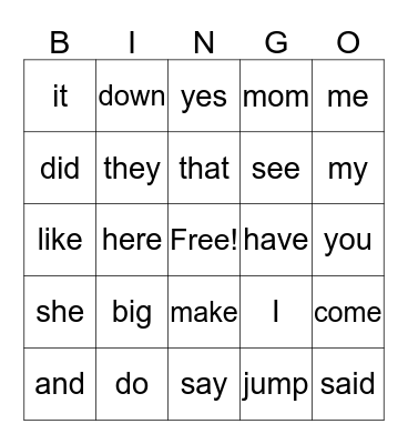 SIGHT WORDS Bingo Card