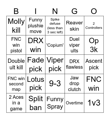 FNC vs DRX Bingo Card