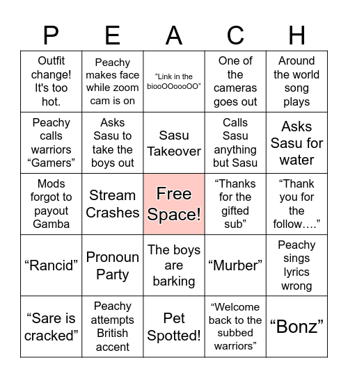 Peachy's 48 hour Stream Bingo Card