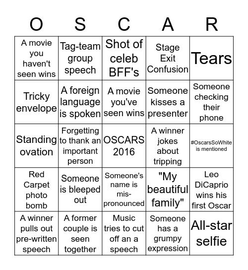 Oscars Bingo 2016 Bingo Card
