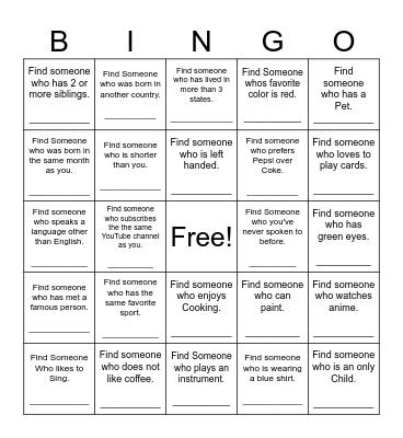 Find Someone Who Bingo Card