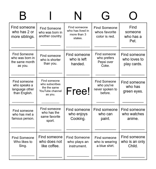 Find Someone Who Bingo Card