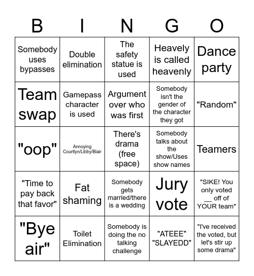 Total Roblox Drama Bingo Card