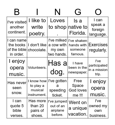 Life Experiences Bingo Card