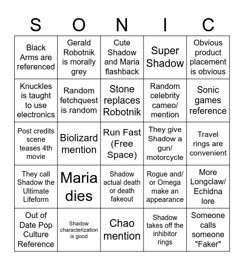 Sonic Movie 3 Bingo Card Bingo Card