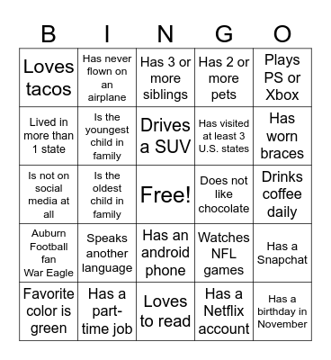 Get to know your classmates Bingo Card