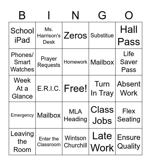 Class Expectations Bingo Card