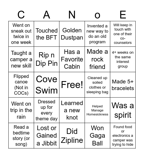 2023 Summer Camp Bingo Card