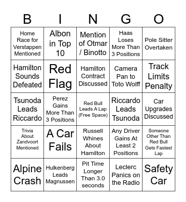 F1 Bingo: Dutch Grand Prix Bingo Card