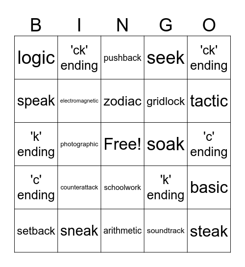 /k/ ending bingo Card