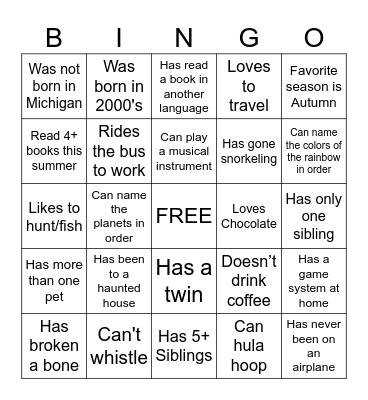 Get to Know You Bingo Card