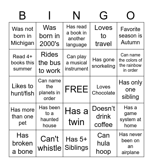 Get to Know You Bingo Card