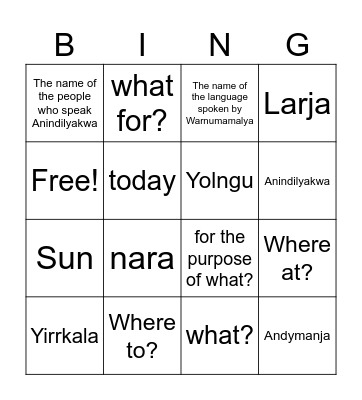 Anindilyakwa Bingo Card