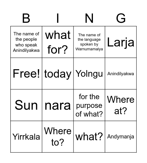 Anindilyakwa Bingo Card
