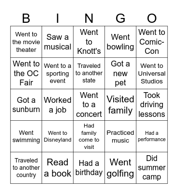 Summer Bingo Card