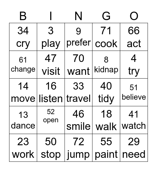 Past Simple Regular Verbs Bingo Card