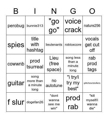 shuffled lieu songs bingo Card