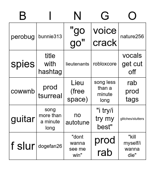 shuffled lieu songs bingo Card