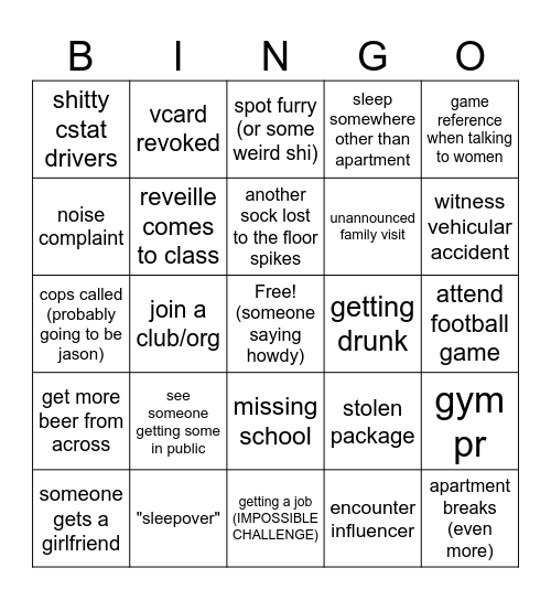 College Bingo Card