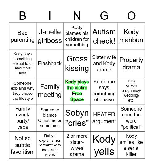 Sister Wives Bingo Card