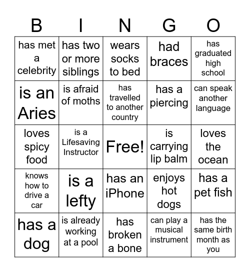 Icebreaker Bingo (blackout to win) Bingo Card