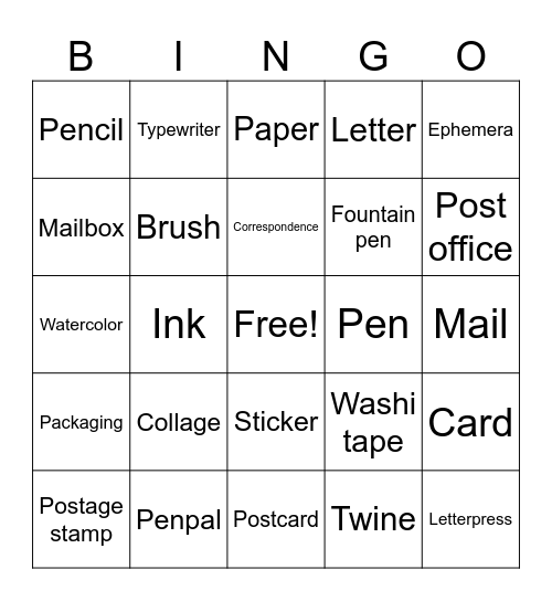 Snail Mail Bingo Card
