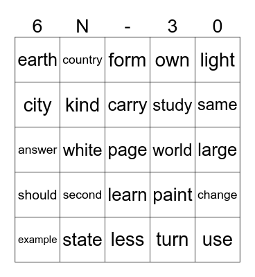 N6 Bingo Card