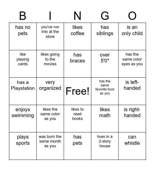 Classroom Bingo Card