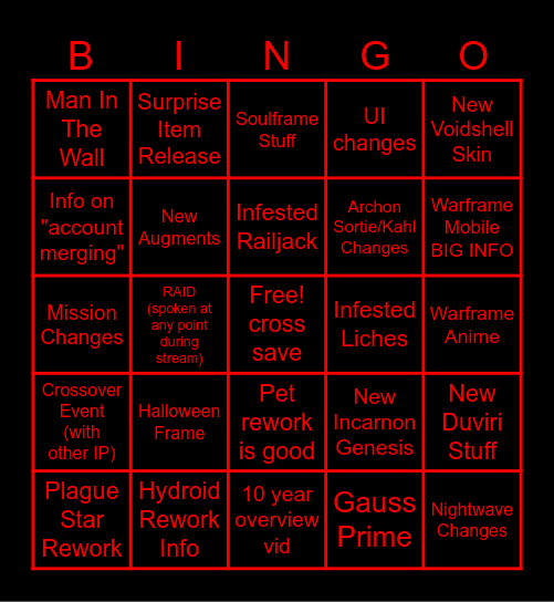 Tennocon Bingo Card