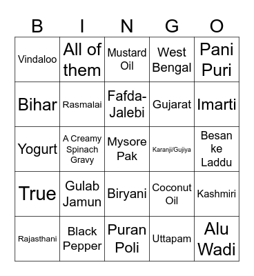 Food Bingo Card