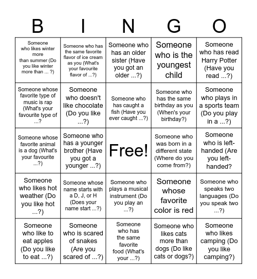 Get to Know Each Other Bingo Card