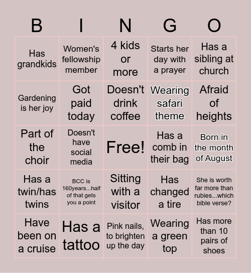 BCC Women's Day Celebration BINGO Card