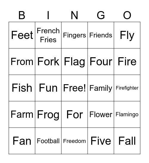 Words that start with F Bingo Card