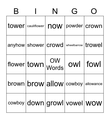 'OW' words. Bingo Card