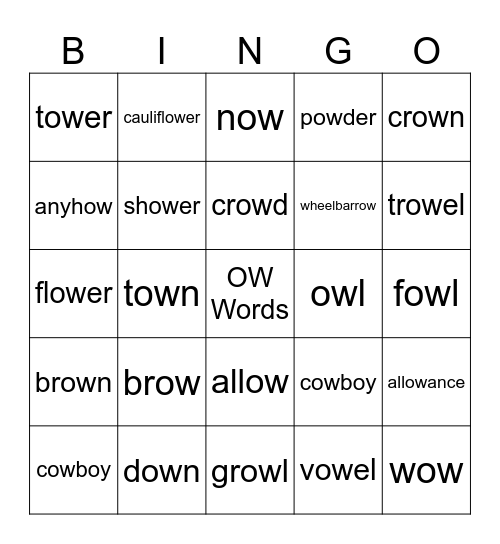 'OW' words. Bingo Card