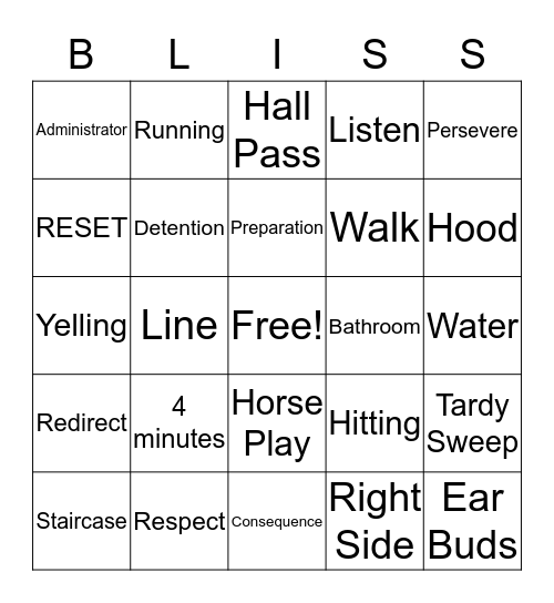 BLISS Expectations Bingo Card