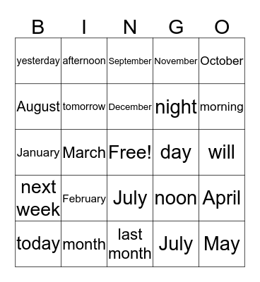 Months and Time words Bingo Card