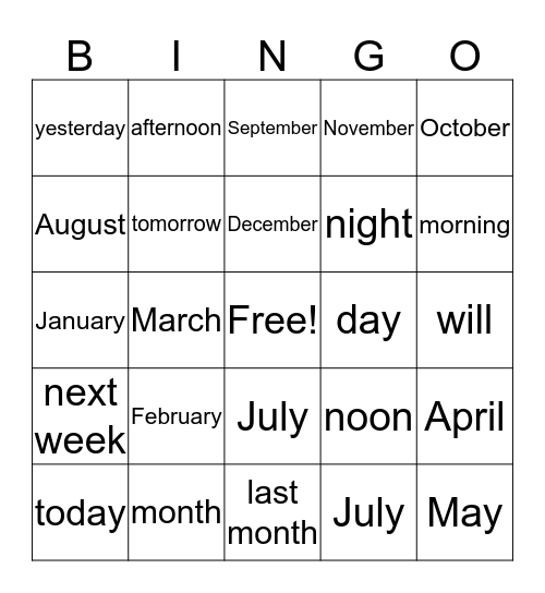 Months and Time words Bingo Card