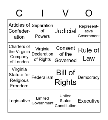 Principles, Documents and Branches Bingo Card