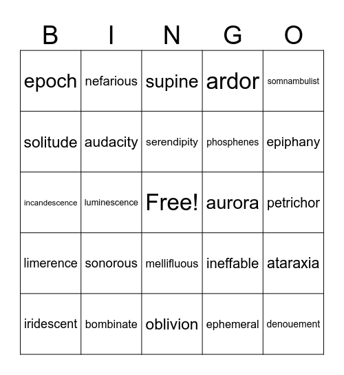 Vocabulary Bingo Card