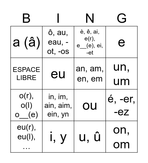 Les voyelles en français Bingo Card