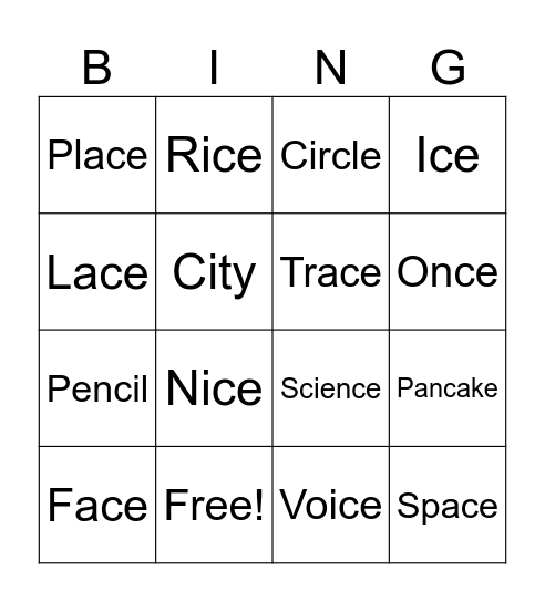 Spelling Week 2: Soft and Hard C Bingo Card