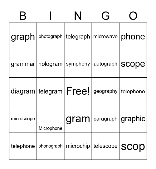 Root Words Bingo Card