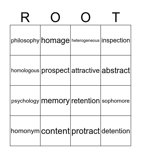 Vocab Root Word Set 6 Bingo Card