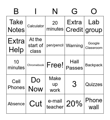 Chem I CPB Syllabus Bingo Card