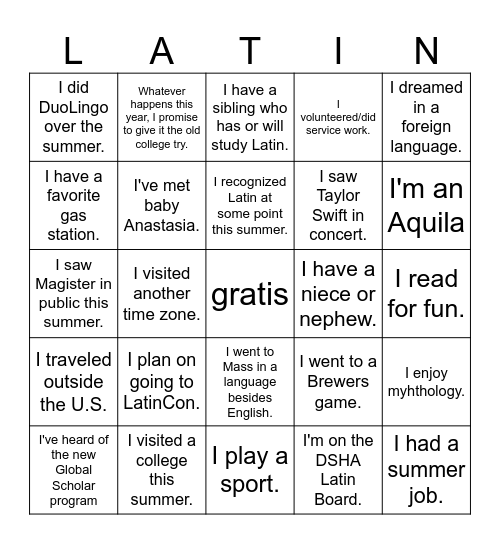 Summer Bingo Card